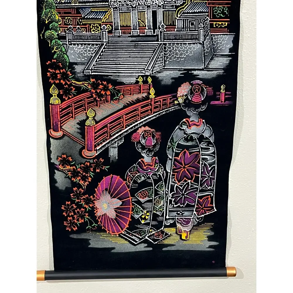 Japanese‎ Wall Scroll Temple Scene Textile Art Hanging Asian Decor Made in Japan